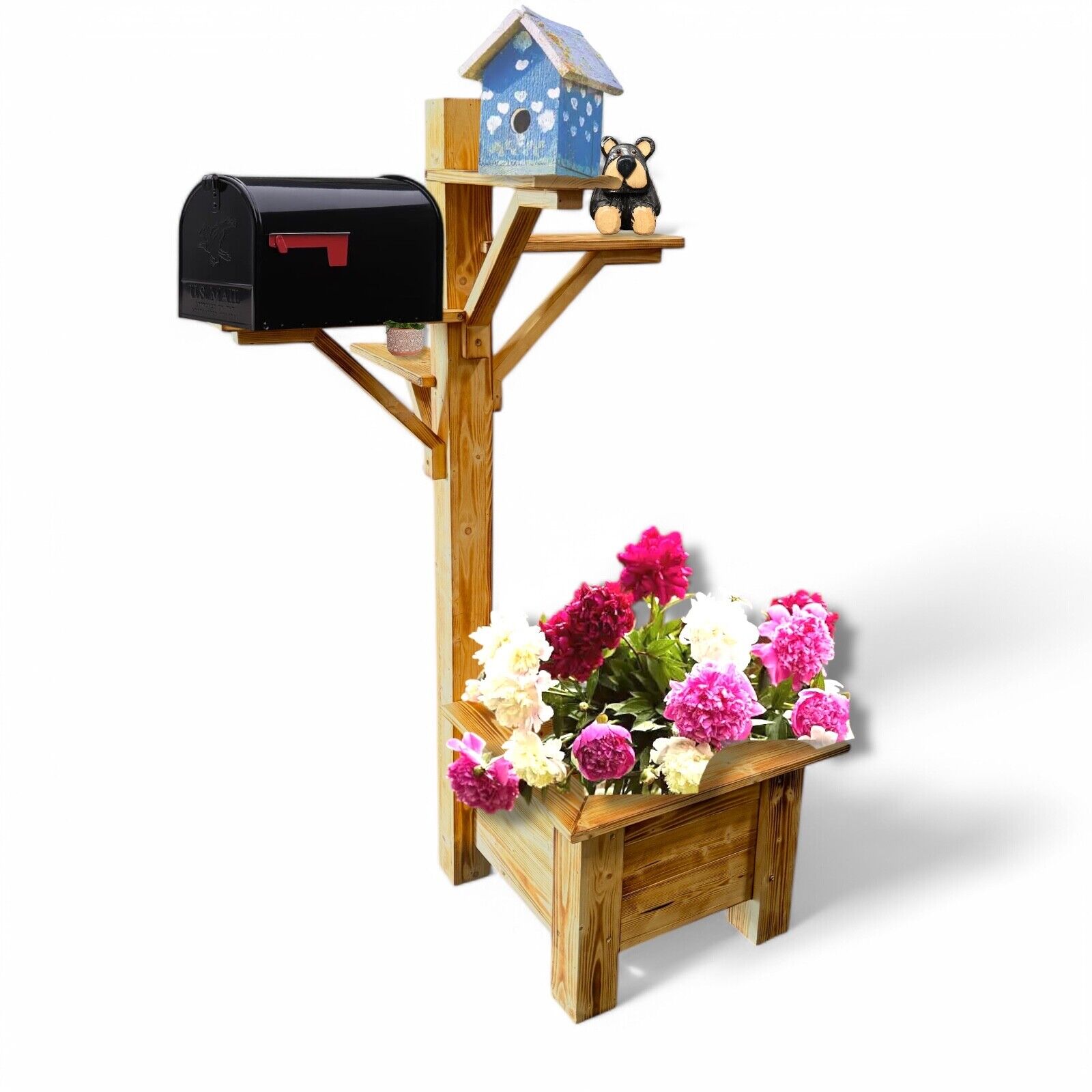 bird house plant stand Rustic Wooden Planter Box with Mailbox & Birdhouse Display Stand – Handmade Outdoor Garden Flower Pot Stand (Decor Not Included)