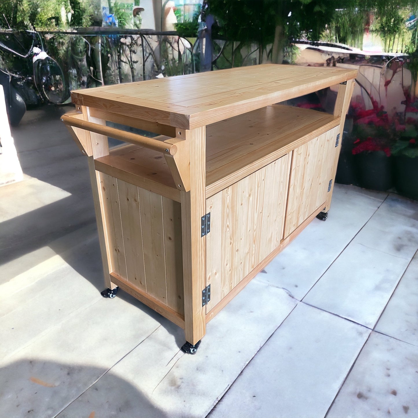 Party Station Outdoor Kitchen Island Rolling Cart Outdoor Living Longs Peak Eucalyptus Outdoor Sideboard Table,