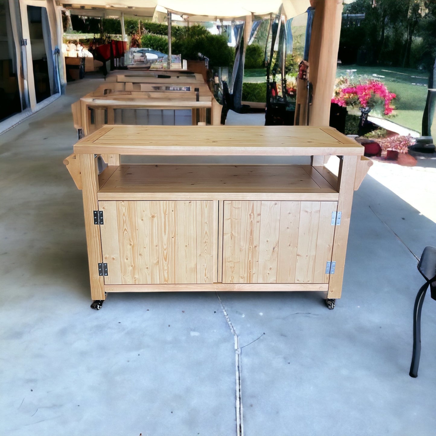 Party Station Outdoor Kitchen Island Rolling Cart Outdoor Living Longs Peak Eucalyptus Outdoor Sideboard Table,