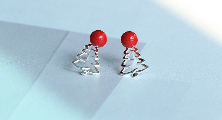 Christmas tree Sterling silver Stud earrings, Christmas gift includes gift box C03