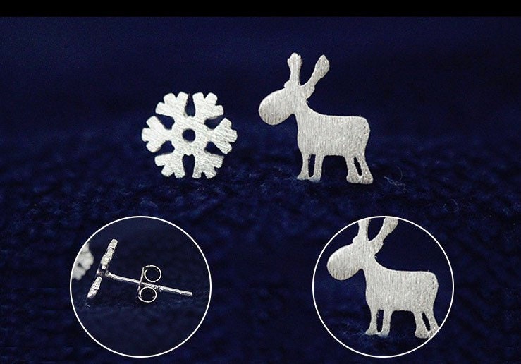 snowflakes reindeer Sterling silver Stud earrings Christmas gift with gift box B12