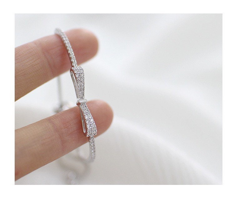 bowknot US Seller Real S925 Sterling Silver Bracelet Bangle Cubic Zirconia Christmas gift with box A03