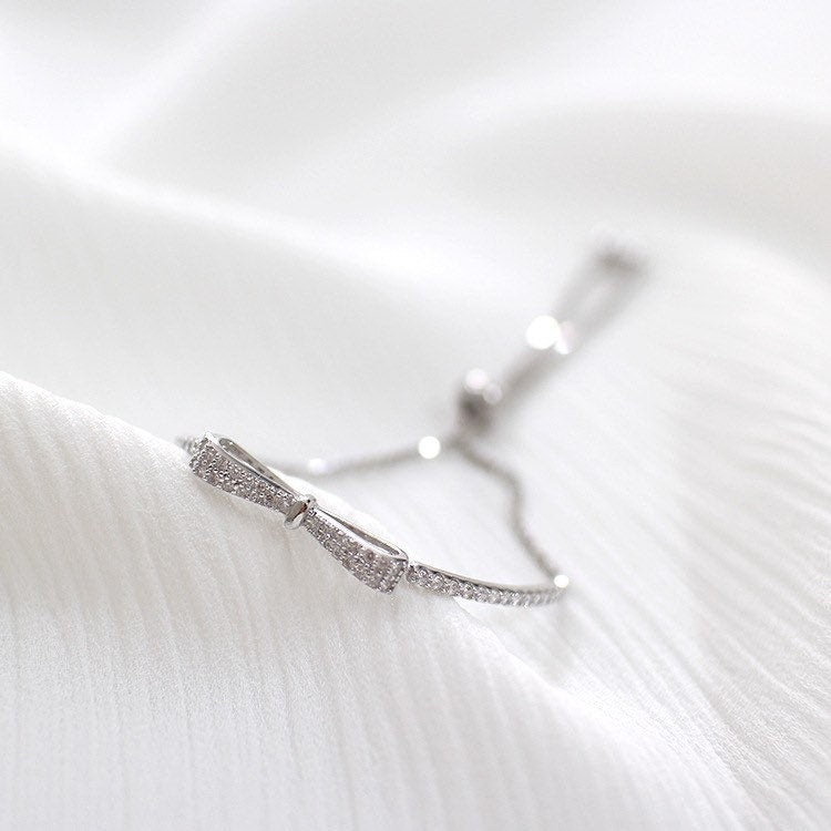 bowknot US Seller Real S925 Sterling Silver Bracelet Bangle Cubic Zirconia Christmas gift with box A03