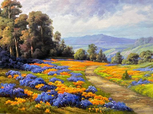 100% hand-painted Mountain view and flower scenery 36x24 inch oil paintings The classical field